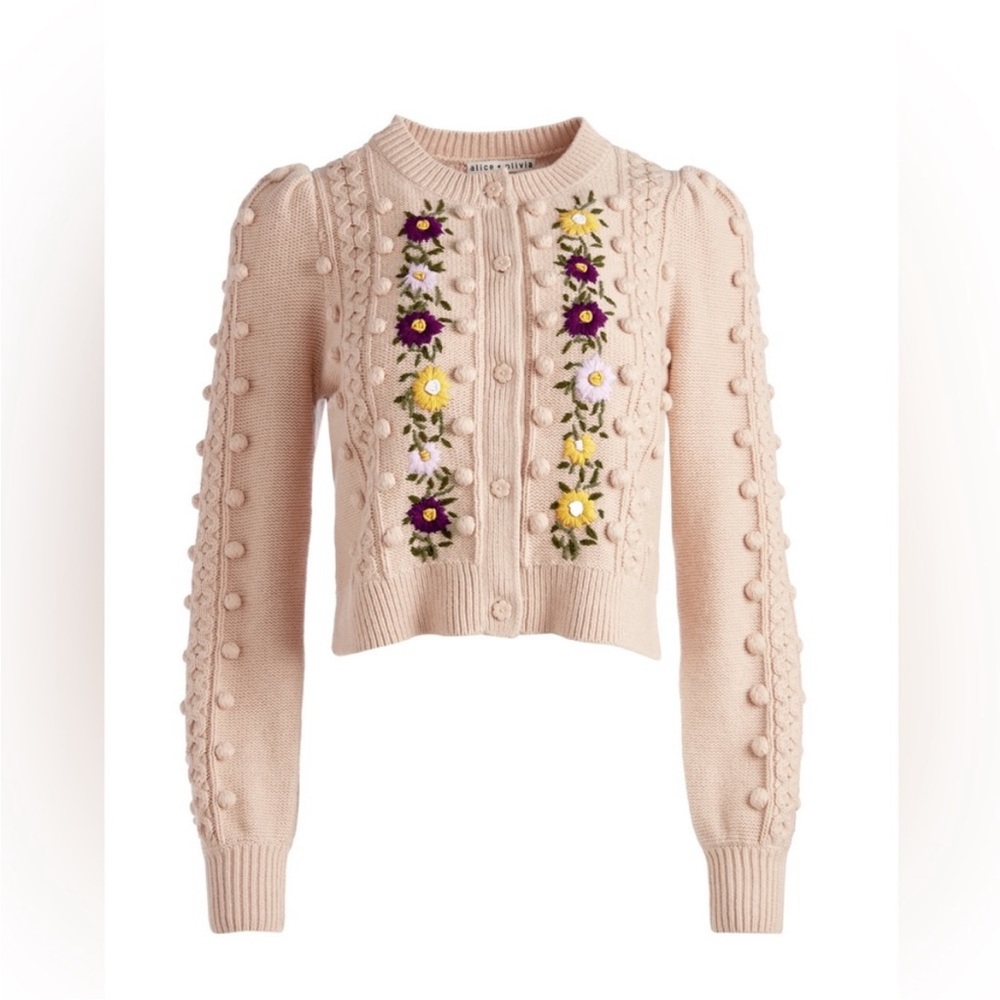 Alice + Olivia Kitty Puff Sleeve Embroidery Cardigan Sweater M